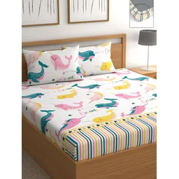 UrbanArts White & Pink Conversational 300 TC King Bedsheet with 2 Pillow Covers image 1