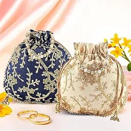 Urbane Home Pack of 2 Potli Bags for Ladies & Girls | Shagun Pouches for Festive Seasons | Embroidery Batwa Bag Bridal Purse -Dark Blue & Cream-picture-29