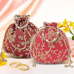 Urbane Home Pack of 2 Potli Bags for Ladies & Girls | Shagun Pouches for Festive Seasons | Embroidery Batwa Bag Bridal Purse -Maroon & Red-picture-29