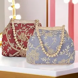 Urbane Home Pack of 2 Potli Bags for Ladies & Girls | Women Shagun Pouches for Festive Seasons | Bridal Purse | Moti Embroidery- Maroon & Grey-picture-35