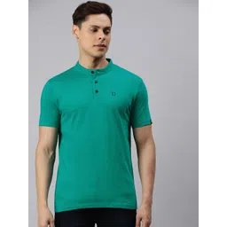 Urbano Fashion Men Teal Green Slim Fit Solid Mandarin Collar Pure Cotton T-shirt-picture-38