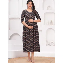 UrbanRang Women Ethnic Motifs Printed Maternity Fit And Flare Midi Dress-picture-11