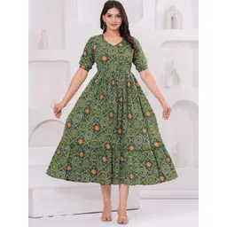 UrbanRang Women Ethnic Printed Puff Sleeve Maternity Cotton Fit and Flare Dress-picture-29