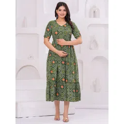 UrbanRang Women Ethnic Printed Puff Sleeve Maternity Cotton Fit and Flare Dress image 5
