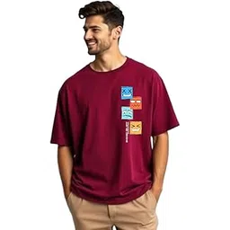 urgear Mens Oversized Printed Crew Neck Cotton Blend Burgundy T-Shirt-picture-10