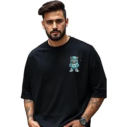 URGEAR Oversized T-Shirt for Men, Black Cotton, Cartoon Bear Print, Casual Fit-picture-53