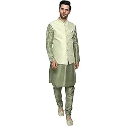 uri and mackenzie Men's Silk Blend Regular Kurta Churidar Pyjama with Bundi Nehru Jacket/Waistcoat-picture-36