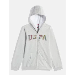 U.S. Polo Assn. Kids Girls Grey Melange Brand Logo Printed Hooded Sweatshirt-picture-21