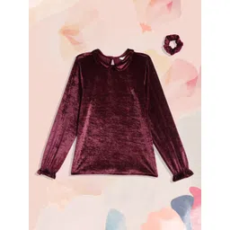 U.S. Polo Assn. Kids Girls Maroon Peter Pan Collar Velvet Top with Scrunchie-picture-36