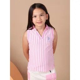 U.S. Polo Assn. Kids Girls Striped Polo Collar Sleeveless Pure Cotton T-shirt-picture-40