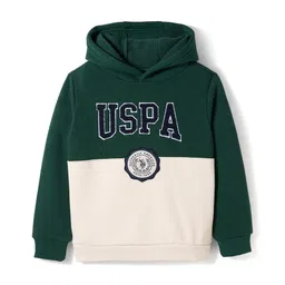 US Polo Assn Cotton Knit Full Sleeves Solid Hooded Sweatshirt - Green & White-picture-16
