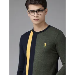 U.S. Polo Assn. Men Navy Blue & Olive Green Colourblocked Pullover With Minimal Striped-picture-33