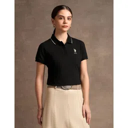 u.s. polo assn. Women Solid Polo Neck Cotton Blend Black T-Shirt-picture-16