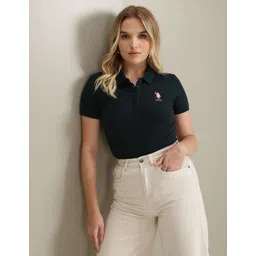 u.s. polo assn. Women Solid Polo Neck Cotton Blend Green T-Shirt-picture-11