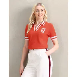 u.s. polo assn. Women Solid Polo Neck Cotton Blend Orange T-Shirt-picture-14
