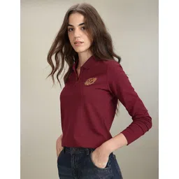 u.s. polo assn. Women Solid Polo Neck Cotton Blend Red T-Shirt-picture-13