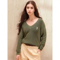 U.S. Polo Assn. Women Women V-neck Ribbed Long Sleeves Pullover Sweaters-picture-29