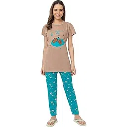 us trendz Women Cotton Plus Size Printed Night Suit Top Pyjama Set Sleep wear Set for Summer Beige Color-picture-41