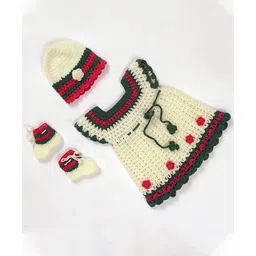 USHA ENTERPRISES Short Sleeves Floral Design Dress With Cap & Booties - White-picture-11