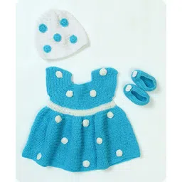 USHA ENTERPRISES Short Sleeves Polka Dots Design Dress With Cap & Booties - Sky Blue-picture-22