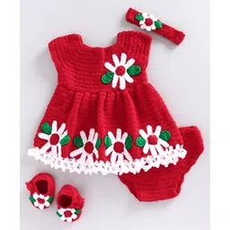 USHA ENTERPRISES Sleeveless Sunflower Design Dress With Bloomer Headband & Booties - Red-picture-22