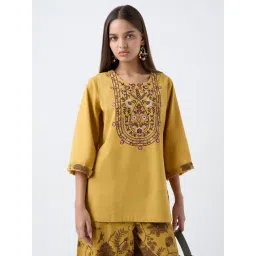 Utsa by Westside Mustard Embroidered Cotton-Blend Tunic-image-5