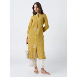 Utsa by Westside Mustard Floral Embroidered Cotton-Blend A-Line Kurta-image-18