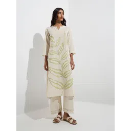 Utsa by Westside Off-White Leaf Patterned Cotton-Blend A-Line Kurta image 3