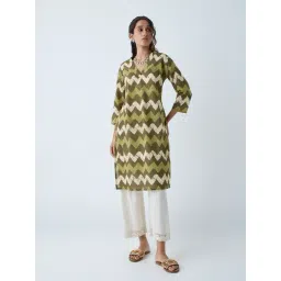 Utsa by Westside Olive Chevron Pattern Straight Cotton Kurta-image-30