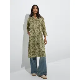 Utsa by Westside Olive Floral Detailed Cotton Straight Kurta-picture-12