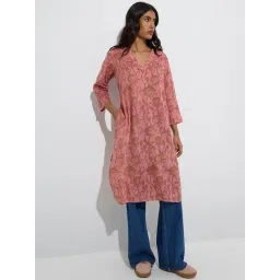 Utsa by Westside Pink Foliage Patterned Cotton Straight Kurta-picture-30