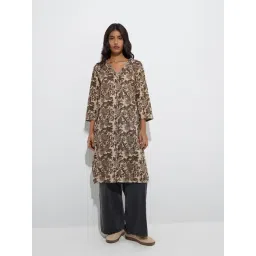 Utsa by Westside Taupe Botanical Printed Straight Cotton Kurta-picture-38