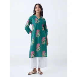 Utsa by Westside Teal Floral Pattern Straight Cotton Kurta-picture-33