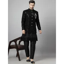Utsav Fashion Men Embroidered Regular Sequinned Velvet Kurta with Trousers-picture-11