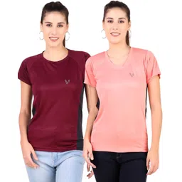 uzarus Pack of 2 Women Solid Round Neck Polyester Maroon, Orange T-Shirt-picture-31