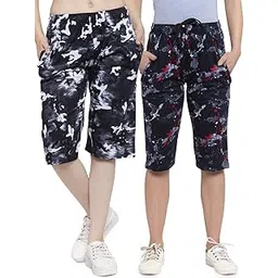UZARUS Women's Cotton Three Fourth Capri Shorts with Two Zippered Pockets (Pack of 2)-picture-34