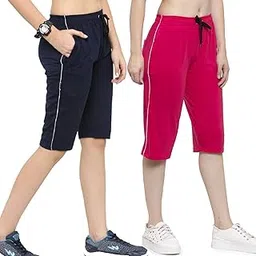 uzarus Women's Cotton Three Fourth Capri Shorts with Two Zippered Pockets (Pack of 2)-picture-14