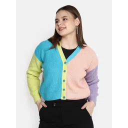 V-Mart Colourblocked V-Neck Cropped Acrylic Cardigan-picture-18
