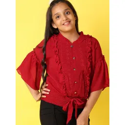 V-Mart Girls Cotton Self Design Bell Sleeves Top With Tie-Ups-picture-18