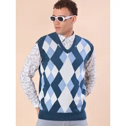 v-mart Men Self Design V Neck Blue Sweater-picture-11