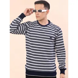 v-mart Men Striped Round Neck Blue Sweater-picture-13