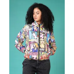 V-Mart Women Mock Collar Graphic Printed Cotton Casual Bomber Jacket-picture-26