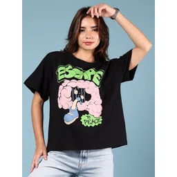 v-mart Women Printed Round Neck Cotton Blend Black T-Shirt-picture-12