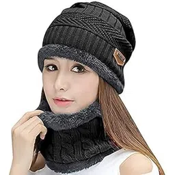 v3e Ultra Soft Unisex Woolen Beanie Cap Plus Neck Scarf Set for Men Women Girl Boy - Warm, Snow Proof - 20 Degree Temperature (Black, Freesize)-picture-39