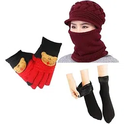 V3E Women & Girl's Winter Warm Snow Visor Maroon Cap|Neckwarmer And Teddy Woolen Gloves Set And One Pair Black Velvet Socks-image-2