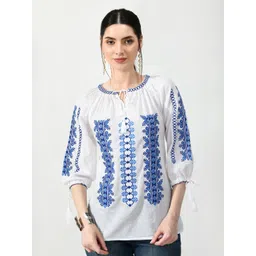 VAAMII Women Embroidered Tie-Up Neck Puff Sleeves Cotton Top-picture-29