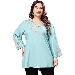 vaamii Womens Rayon Embroidered V Neck Green Top-picture-17