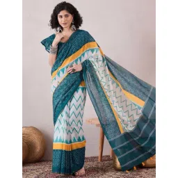 Vaamsi Teal Geometric Print Saree With Unstitched Blouse-picture-48