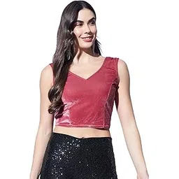 vaararo Deep V-Neck Party Blouse for Women Readymade | Shiny Velvet Sleeveless Choli Outfit-picture-41