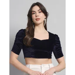 VAARARO Puff Sleeves Velvet Fitted Crop Top-picture-35